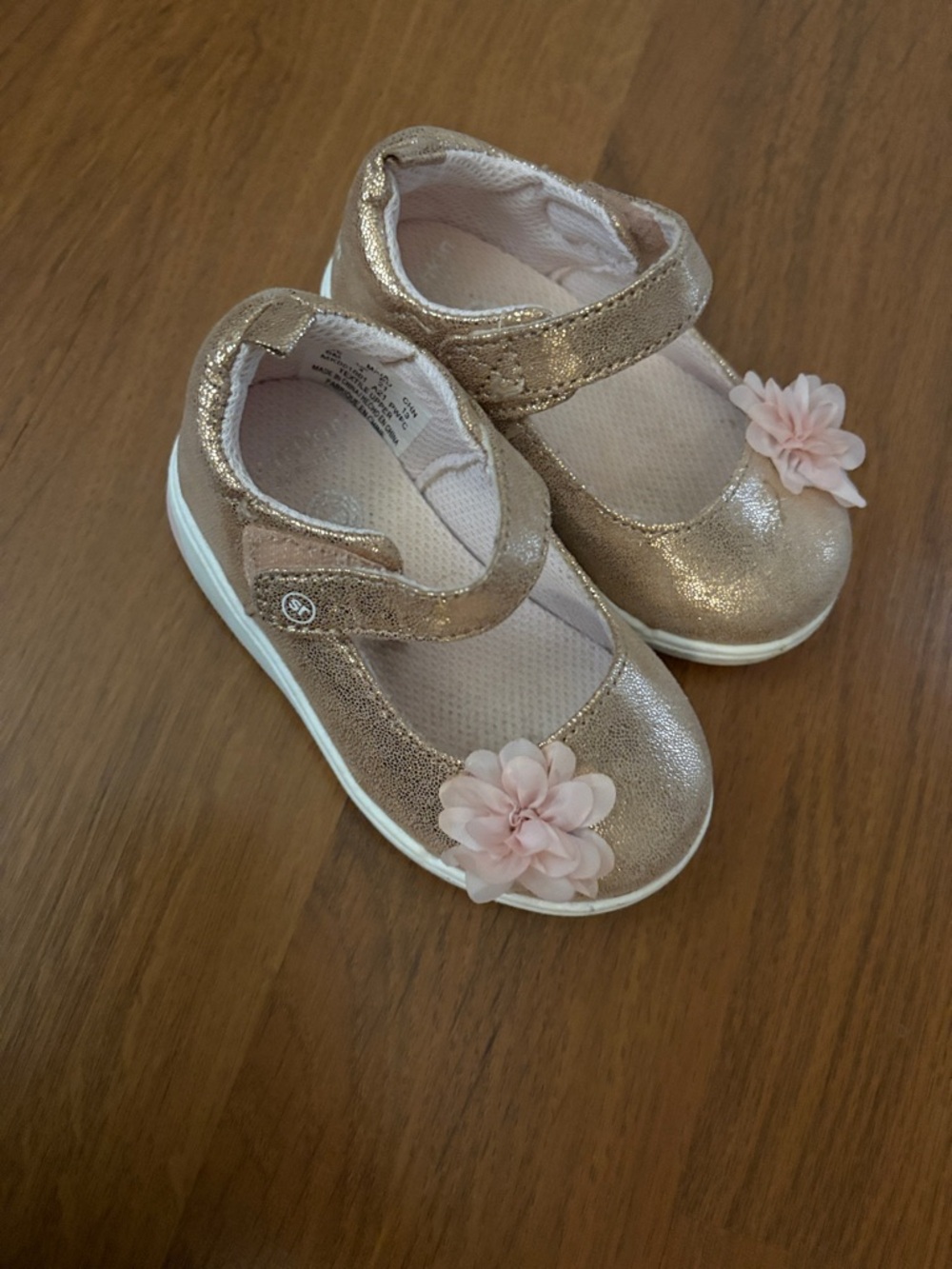 Stride Rite Metallic Rose Gold Mary Janes with Pink Flower